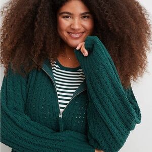 Aerie Green Cable Car 1/4 Zip Sweater L EUC